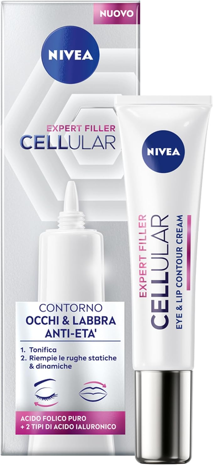 NIVEA CELLULAR EXPERT FILLER Anti-Aging Eye & Lip Contour 15 ml, Firming Eye and Lip Cream, Anti-Wrinkle Eye Contour and Lip Filler with Hyaluronic Acid and Pure Folic Acid