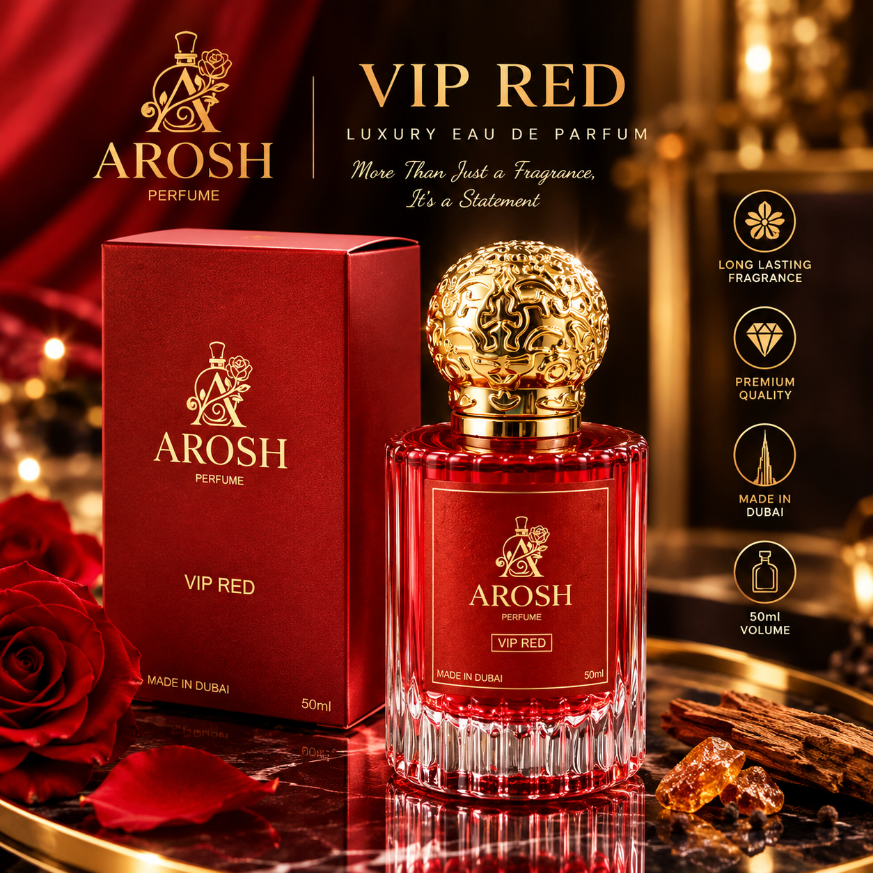 AROSH VIP Red Luxury Eau de Parfum – 50ml (Made in Dubai)