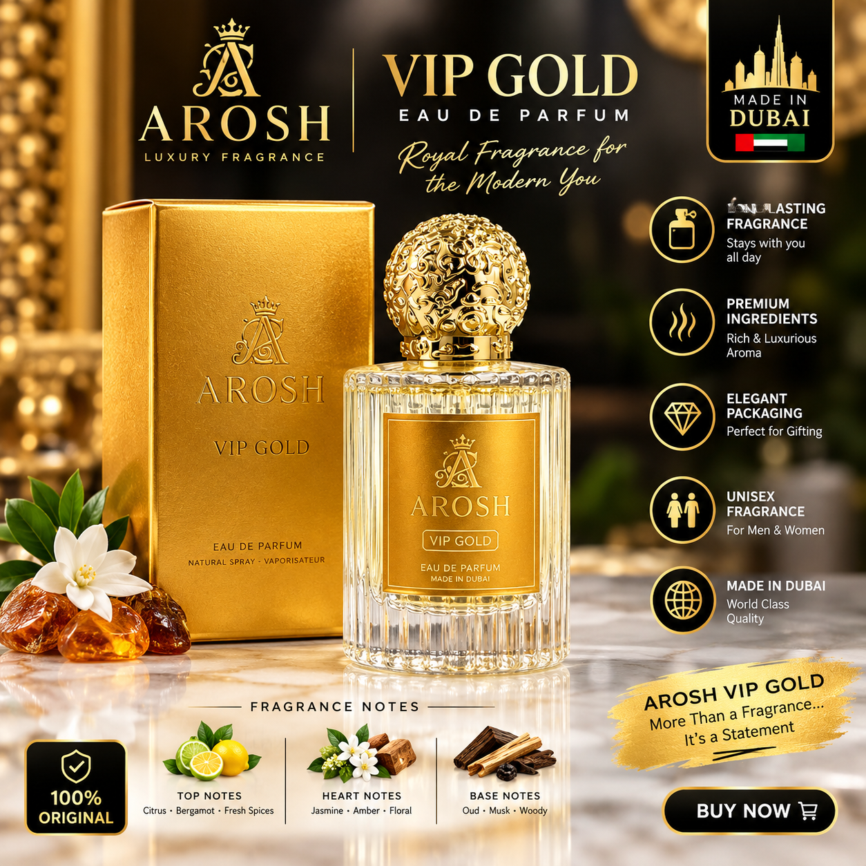 AROSH VIP GOLD Eau De Parfum | Made in Dubai | Long Lasting Premium Luxury Perfume | Men & Women (100ml)
